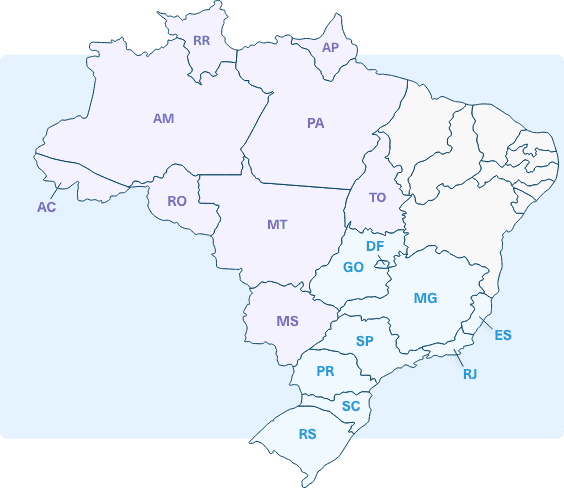 Imagem do mapa do Brasil com os estados que a Carvalima entrega: AC,RO,PA,MT,MS,GO,DF,RS,SC,PR,SP,MG,RJ,ES